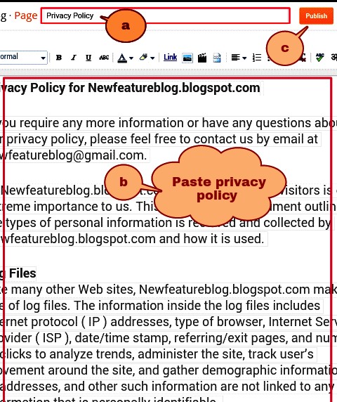 page editor me privacy policy ko paste kar de aur publish par click kare