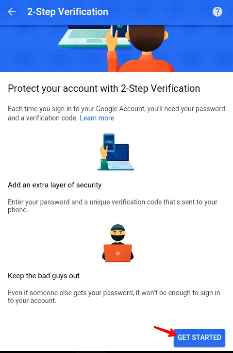 click on get started button to enable 2 step verification