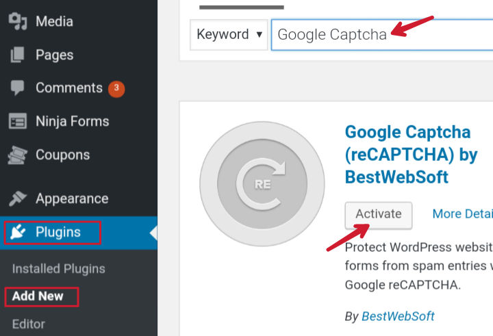 click on plugins add new search google captcha