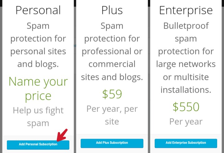 choose the price of akismet anti spam