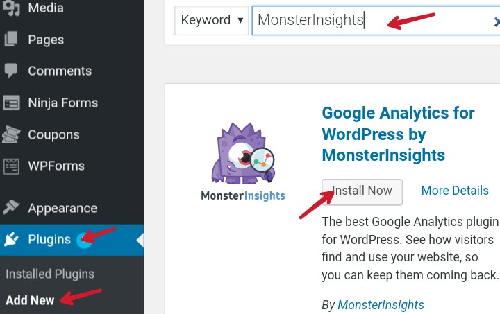 install googel analytics monsterInsights wp plugin