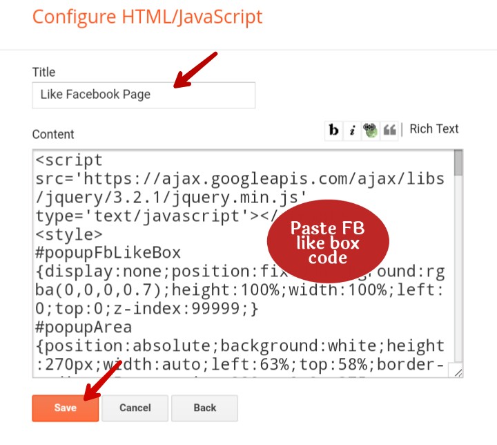 paste facebook popup like box code in content area