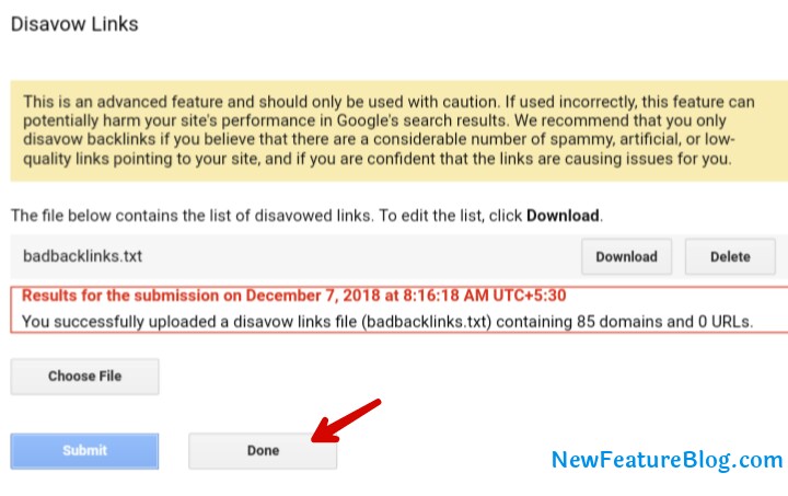 you can see all submit disavow links click on done