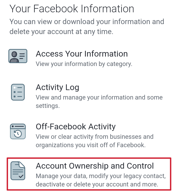 facebook me account ownership and control par click kare