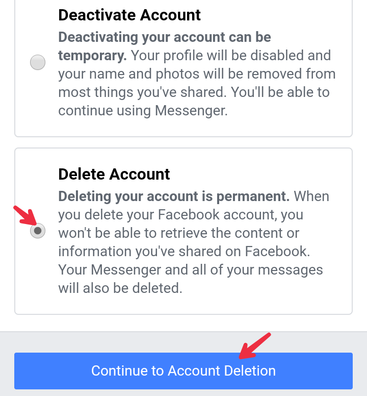 click on delete facebook account