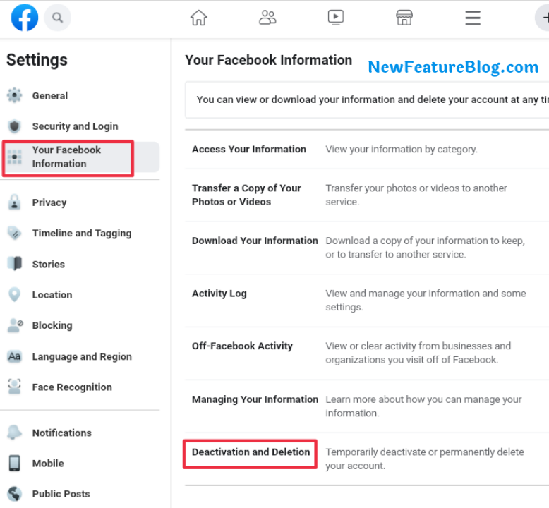 click on deactivation and deletion in your facebook information section