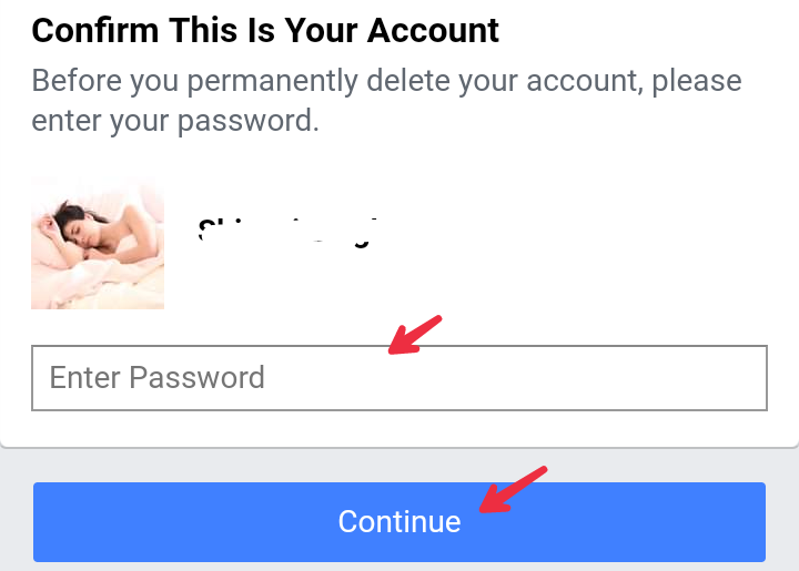 enter facebook password and continue