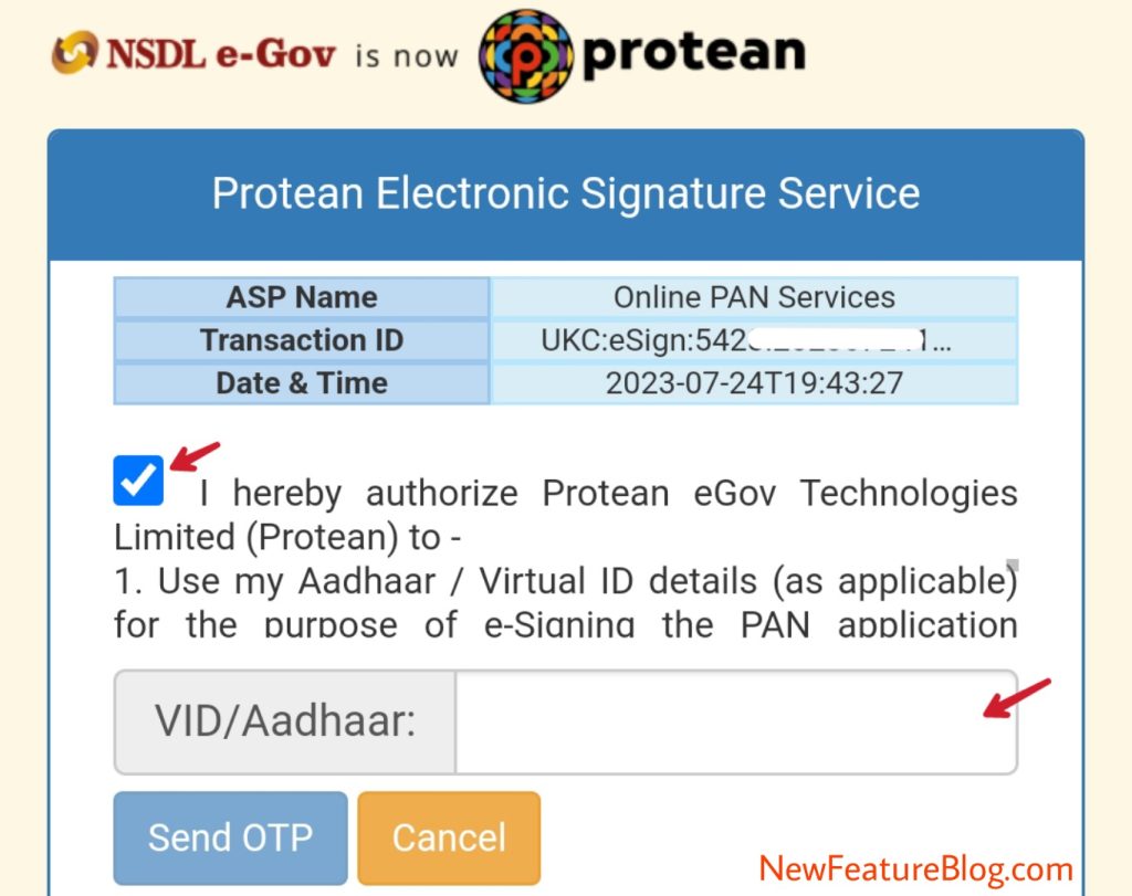 fill aadhaar number on nsdl egov protean site and clik on send otp for new pan card